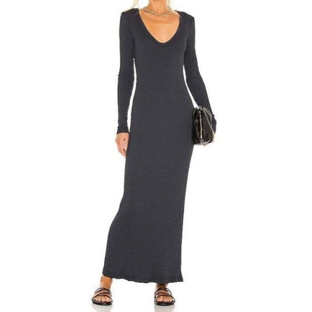 James Perse Ribbed Maxi Dress Women 4 Grey V-Neck Long Sleeve Minimalist Chic